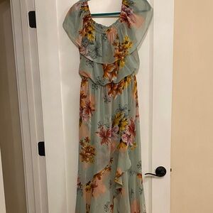 Express Floral High Low Dress - Green and Orange